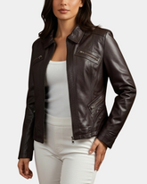 Womens Classic Leather Biker Zip Box Jacket Zenith Brown